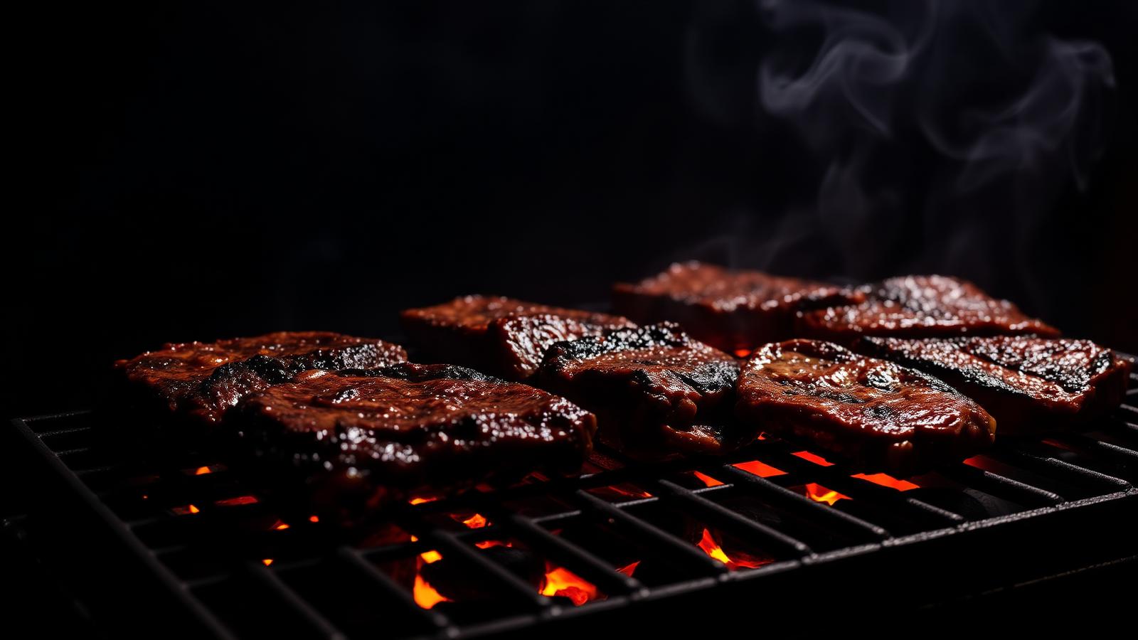 Spareribs en steaks op de houtskoolbarbecue